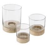 Świeczniki szklane z drewnianą podstawą Summer, 3 elementy - Atmosphera