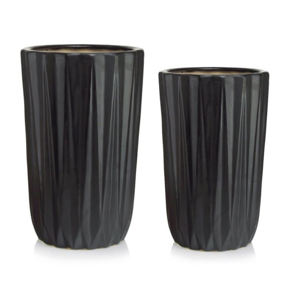 Wysokie donice ceramiczne z geometrycznym wzorem, czarne mat, 2 szt - Polnix