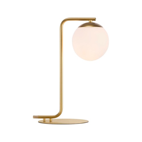 Złota lampa stołowa Grant w kolorze mosiądzu z białą szklaną kulą NORDLUX