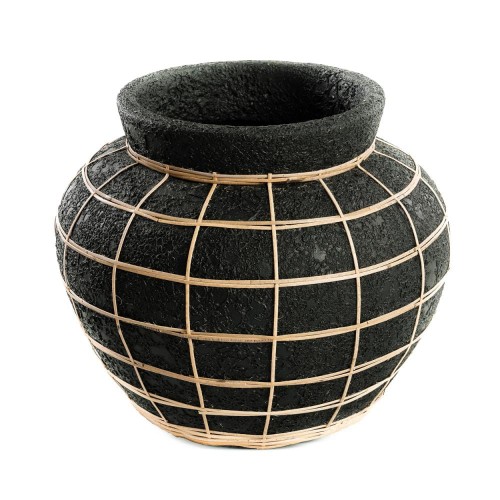 Decorative pot cover Belly L Black terracotta rattan - Bazar Bizar