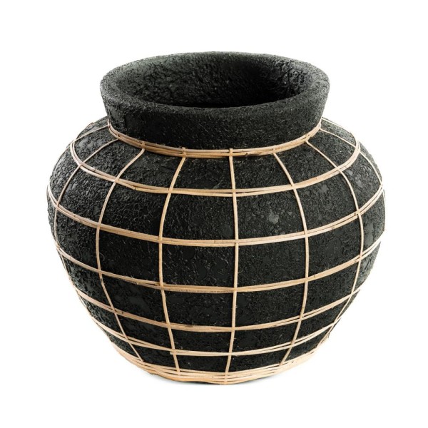 Decorative pot cover Belly L Black terracotta rattan - Bazar Bizar