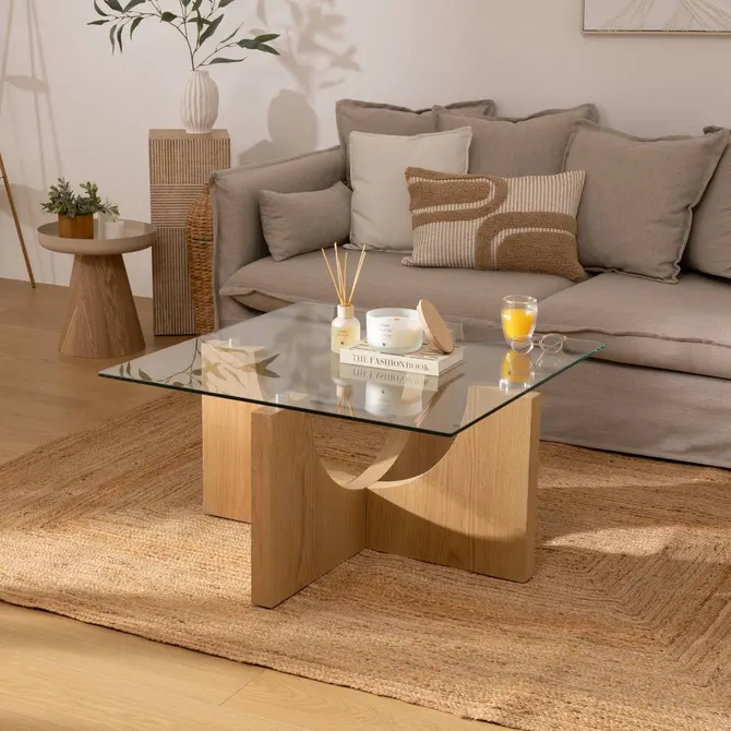 stolik kawowy ze szklanym blatem, natural home decor